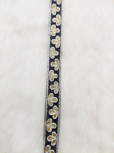 Wholesale Black Net Lace Floral Embroidery & Glitter Gold Sequins, Indian Wedding Border, Gifting Ribbon Costume Trim Fashion Trimming